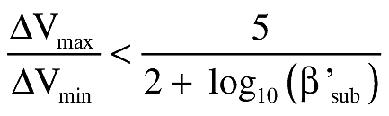 Equation for (iii) Breakup-imparted velocity (ΔV). A debris model must categorize fragments as a function of the range of ΔV for the fragments within a class and the class's median subsonic ballistic coefficient. For each class, the debris model must keep the ratio of the maximum breakup-imparted velocity (ΔVmax) to minimum breakup-imparted velocity (ΔVmin) within the following bound