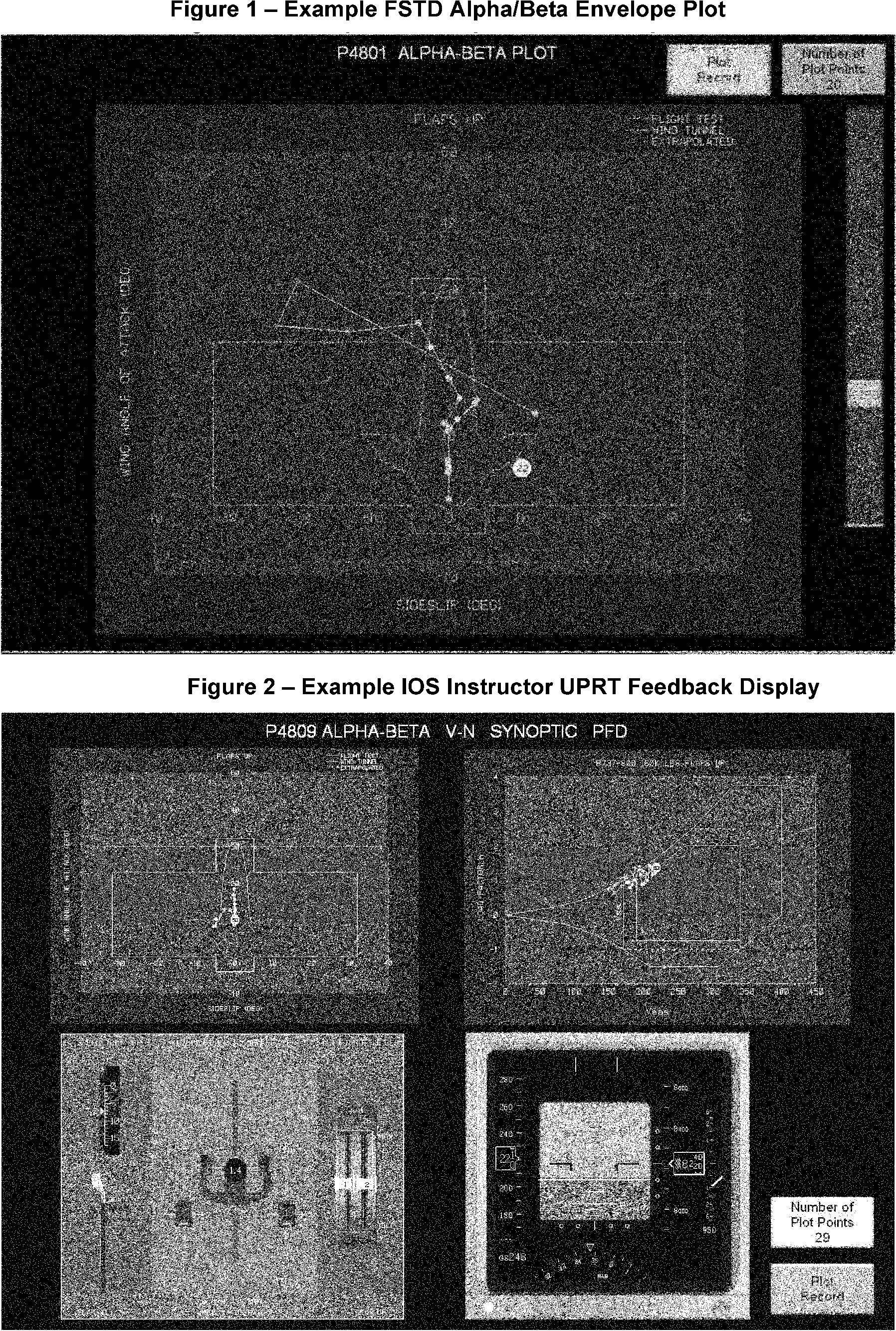Graphic of An example FSTD “alpha/beta” envelope display and IOS feedback mechanism are shown below in Figure 1 and Figure 2. The following examples are provided as guidance material on one possible method to display the required UPRT feedback parameters on an IOS display. FSTD sponsors may develop other methods and feedback mechanisms that provide the required parameters and support the training program objectives.