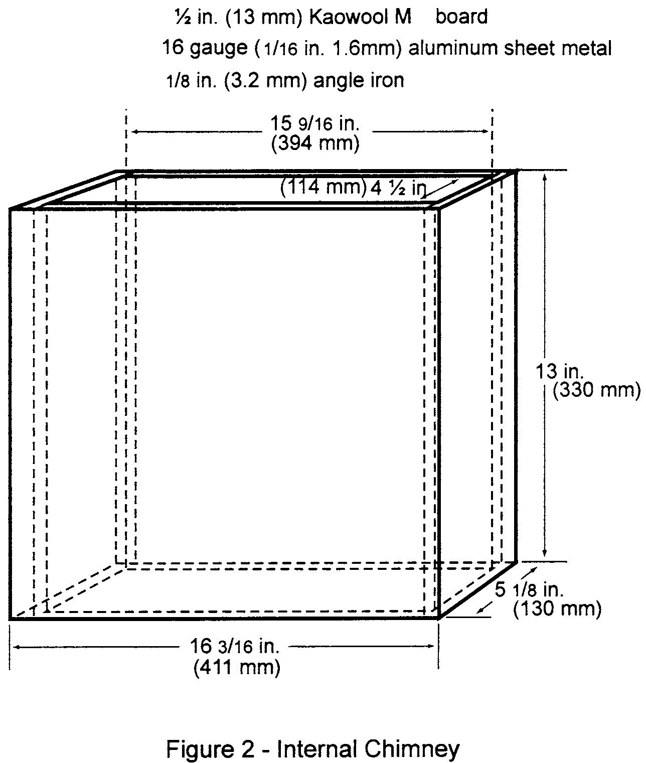 Graphic of (1) Radiant panel test chamber. Conduct tests in a radiant panel test chamber (see figure 1 above). Place the test chamber under an exhaust hood to facilitate clearing the chamber of smoke after each test. The radiant panel test chamber must be an enclosure 55 inches (1397 mm) long by 19.5 (495 mm) deep by 28 (710 mm) to 30 inches (maximum) (762 mm) above the test specimen. Insulate the sides, ends, and top with a fibrous ceramic insulation, such as Kaowool M TM board. On the front side, provide a 52 by 12-inch (1321 by 305 mm) draft-free, high-temperature, glass window for viewing the sample during testing. Place a door below the window to provide access to the movable specimen platform holder. The bottom of the test chamber must be a sliding steel platform that has provision for securing the test specimen holder in a fixed and level position. The chamber must have an internal chimney with exterior dimensions of 5.1 inches (129 mm) wide, by 16.2 inches (411 mm) deep by 13 inches (330 mm) high at the opposite end of the chamber from the radiant energy source. The interior dimensions must be 4.5 inches (114 mm) wide by 15.6 inches (395 mm) deep. The chimney must extend to the top of the chamber (see figure 2).