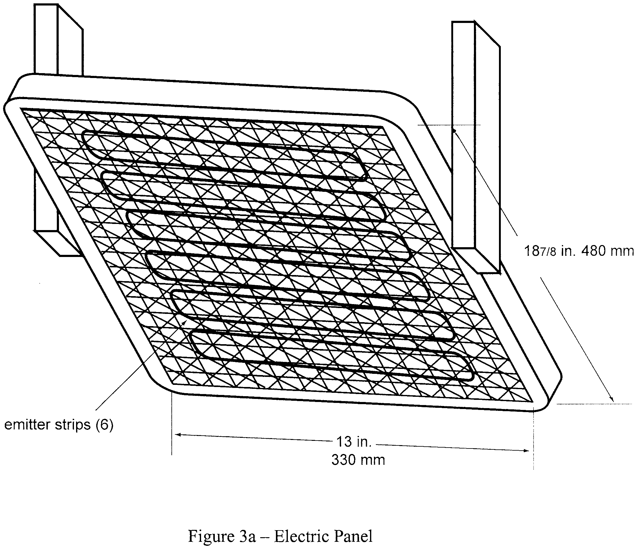 Graphic of (2) Radiant heat source. Mount the radiant heat energy source in a cast iron frame or equivalent. An electric panel must have six, 3-inch wide emitter strips. The emitter strips must be perpendicular to the length of the panel. The panel must have a radiation surface of 127/8 by 181/2 inches (327 by 470 mm). The panel must be capable of operating at temperatures up to 1300 °F (704 °C). An air propane panel must be made of a porous refractory material and have a radiation surface of 12 by 18 inches (305 by 457 mm). The panel must be capable of operating at temperatures up to 1,500 °F (816 °C). See figures 3a and 3b.