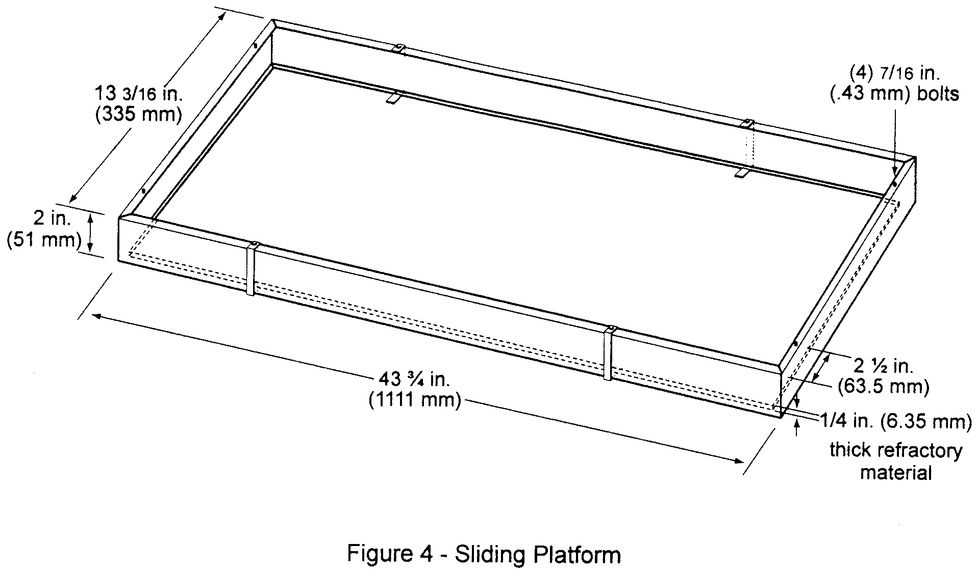 Graphic of (i) The sliding platform serves as the housing for test specimen placement. Brackets may be attached (via wing nuts) to the top lip of the platform in order to accommodate various thicknesses of test specimens. Place the test specimens on a sheet of Kaowool M TM board or 1260 Standard Board (manufactured by Thermal Ceramics and available in Europe), or equivalent, either resting on the bottom lip of the sliding platform or on the base of the brackets. It may be necessary to use multiple sheets of material based on the thickness of the test specimen (to meet the sample height requirement). Typically, these non-combustible sheets of material are available in 1/4 inch (6 mm) thicknesses. See figure 4. A sliding platform that is deeper than the 2-inch (50.8mm) platform shown in figure 4 is also acceptable as long as the sample height requirement is met.
