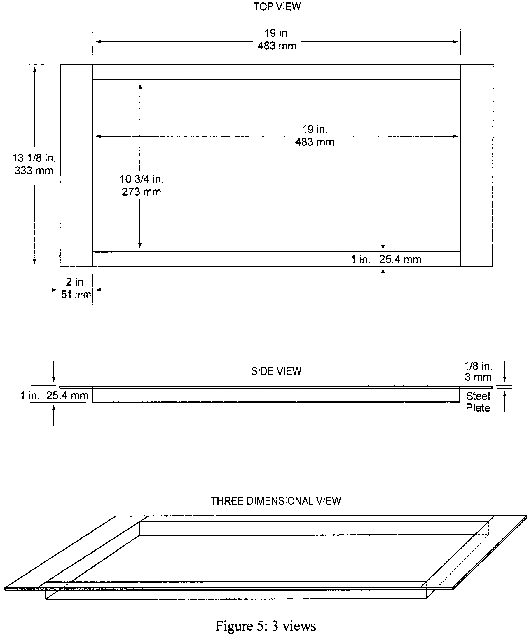 Graphic of (iii) Place the test specimen horizontally on the non-combustible board(s). Place a steel retaining/securing frame fabricated of mild steel, having a thickness of 1/8 inch (3.2 mm) and overall dimensions of 23 by 131/8 inches (584 by 333 mm) with a specimen opening of 19 by 103/4 inches (483 by 273 mm) over the test specimen. The front, back, and right portions of the top flange of the frame must rest on the top of the sliding platform, and the bottom flanges must pinch all 4 sides of the test specimen. The right bottom flange must be flush with the sliding platform. See figure 5.